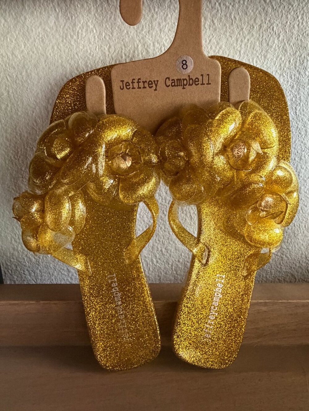 JEFFREY CAMPBELL gold glitter jelly floral thong sandals NWT  8